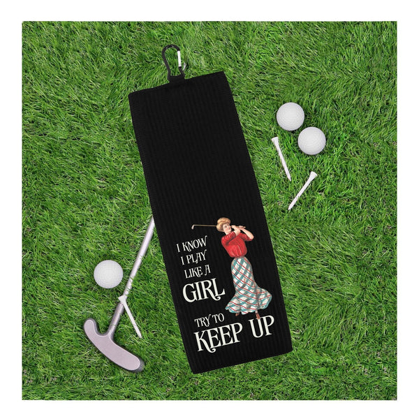 I Know I Play Like a Girl Try to Keep Up Vintage Tri-fold Golf Towel w/ Clip 100% Microfiber Waffle Weave Gift for Women Mom Daughter Friend