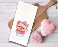 Set of 3 Yorkie Flour Sack Kitchen Towels Cute Yorkshire Terrier Dog Lover Cupcake Heart Hand Tea Dish Towel Valentine's Day Birthday Gift