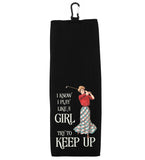 I Know I Play Like a Girl Try to Keep Up Vintage Tri-fold Golf Towel w/ Clip 100% Microfiber Waffle Weave Gift for Women Mom Daughter Friend