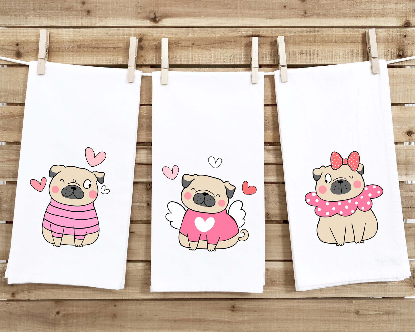 Set of 3 Pug Valentine Flour Sack Kitchen Towels Funny Cute Pink White Dog Lover Heart Hand Tea Dish Towel Valentine's Day Birthday Gift