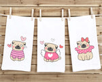 Set of 3 Pug Valentine Flour Sack Kitchen Towels Funny Cute Pink White Dog Lover Heart Hand Tea Dish Towel Valentine's Day Birthday Gift
