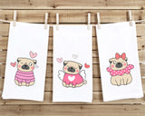 Set of 3 Pug Valentine Flour Sack Kitchen Towels Funny Cute Pink White Dog Lover Heart Hand Tea Dish Towel Valentine's Day Birthday Gift