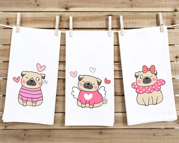 Set of 3 Pug Valentine Flour Sack Kitchen Towels Funny Cute Pink White Dog Lover Heart Hand Tea Dish Towel Valentine's Day Birthday Gift