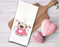 Set of 3 Pug Valentine Flour Sack Kitchen Towels Funny Cute Pink White Dog Lover Heart Hand Tea Dish Towel Valentine's Day Birthday Gift