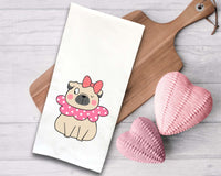 Set of 3 Pug Valentine Flour Sack Kitchen Towels Funny Cute Pink White Dog Lover Heart Hand Tea Dish Towel Valentine's Day Birthday Gift