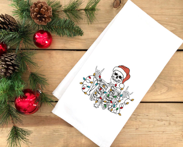 Rock On Santa Skeleton with Christmas Lights Funny Xmas Flour Sack Towel with Hanging Loop Dish Hand Kitchen Bathroom Decorative Decor Gift