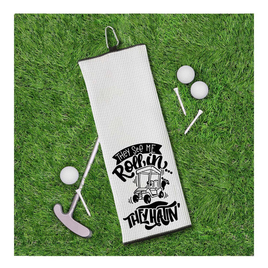 They See Me Rollin They Hatin Tri-fold Golf Towel with Clip 100% Microfiber Waffle Weave Black White Gift Idea for Golfer Men Women