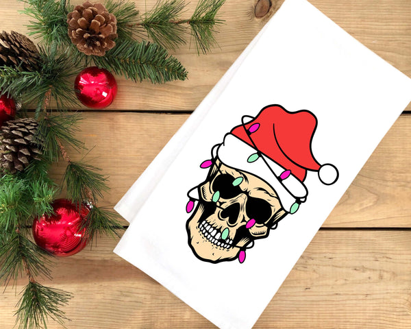 Skull with Santa Hat and Christmas Lights Hand Towel Flour Sack Kitchen Holiday Home Decor Decorations for Men Women