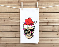 Skull with Santa Hat and Christmas Lights Hand Towel Flour Sack Kitchen Holiday Home Decor Decorations for Men Women