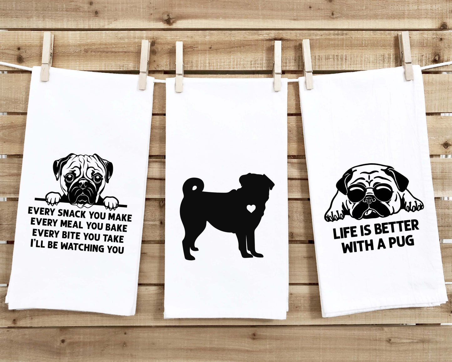 Set of 3 Pug Flour Sack Kitchen Towels Funny Dog Lover Hand Tea Dish Towels Birthday Housewarming Christmas Gift for Women Men Mom Dad