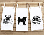 Set of 3 Pug Flour Sack Kitchen Towels Funny Dog Lover Hand Tea Dish Towels Birthday Housewarming Christmas Gift for Women Men Mom Dad