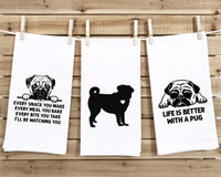 Set of 3 Pug Flour Sack Kitchen Towels Funny Dog Lover Hand Tea Dish Towels Birthday Housewarming Christmas Gift for Women Men Mom Dad