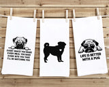 Set of 3 Pug Flour Sack Kitchen Towels Funny Dog Lover Hand Tea Dish Towels Birthday Housewarming Christmas Gift for Women Men Mom Dad