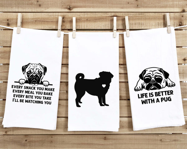 Set of 3 Pug Flour Sack Kitchen Towels Funny Dog Lover Hand Tea Dish Towels Birthday Housewarming Christmas Gift for Women Men Mom Dad
