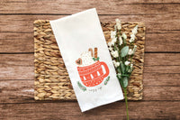 Cozy Up Coffee Mug Flour Sack Towel with Hanging Loop Cute Red White Green Dish Hand Kitchen Decor Holiday Decorations Gift