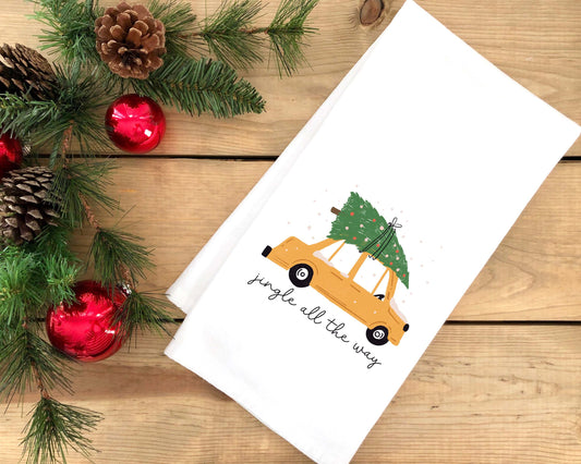 Jingle All the Way Car Christmas Tree Flour Sack Towel with Hanging Loop Cute Dish Hand Kitchen Bathroom Decor Holiday Decorations Gift