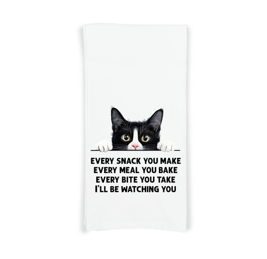 Tuxedo Cat Every Snack You Make Flour Sack Kitchen Towel - Funny Peeking Black and White Kitty Housewarming Hostess Birthday Christmas Gift