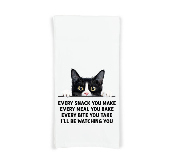 Tuxedo Cat Every Snack You Make Flour Sack Kitchen Towel - Funny Peeking Black and White Kitty Housewarming Hostess Birthday Christmas Gift