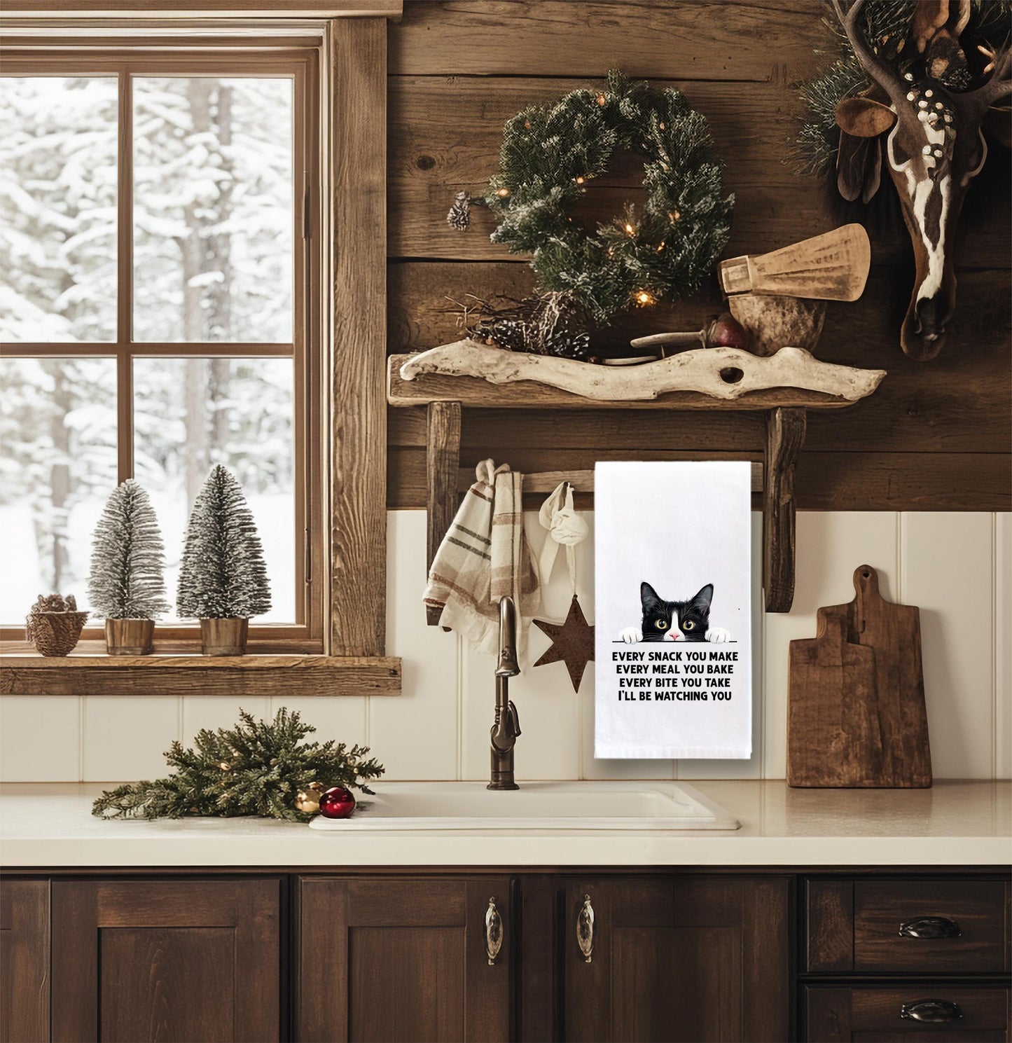 Tuxedo Cat Every Snack You Make Flour Sack Kitchen Towel - Funny Peeking Black and White Kitty Housewarming Hostess Birthday Christmas Gift