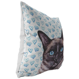 Siamese Cat Throw Pillow with Blue Hearts | Gift for Cat Lover Mothers Day Idea for Cat Mom Grandma | Siamese Cat Decor