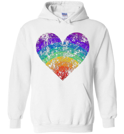 Rainbow Heart Gay Pride LGBTQ Distressed Vintage Style Hoodie for Women and Men