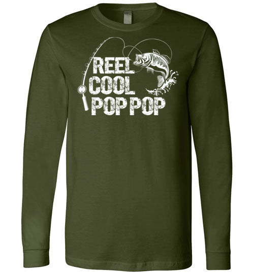 Reel Cool Pop Pop crewneck t-shirt for men. Makes a great Father's Day gift, Christmas gift or birthday present for any grandpa callecd Pop Pop who loves fishing.