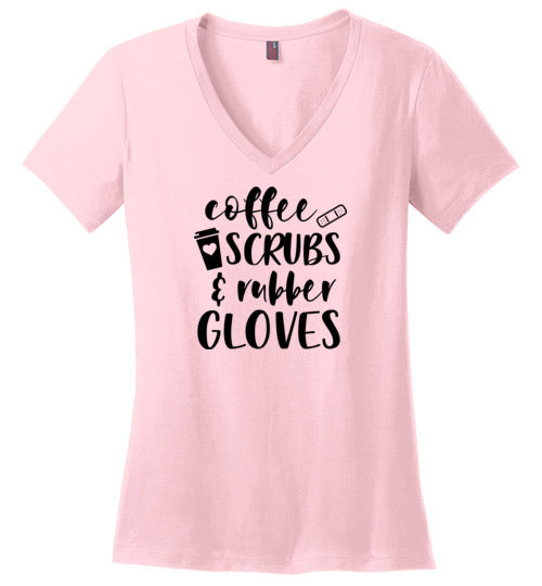 Coffee Scrubs and Rubber Gloves V-Neck Nurse T-Shirt