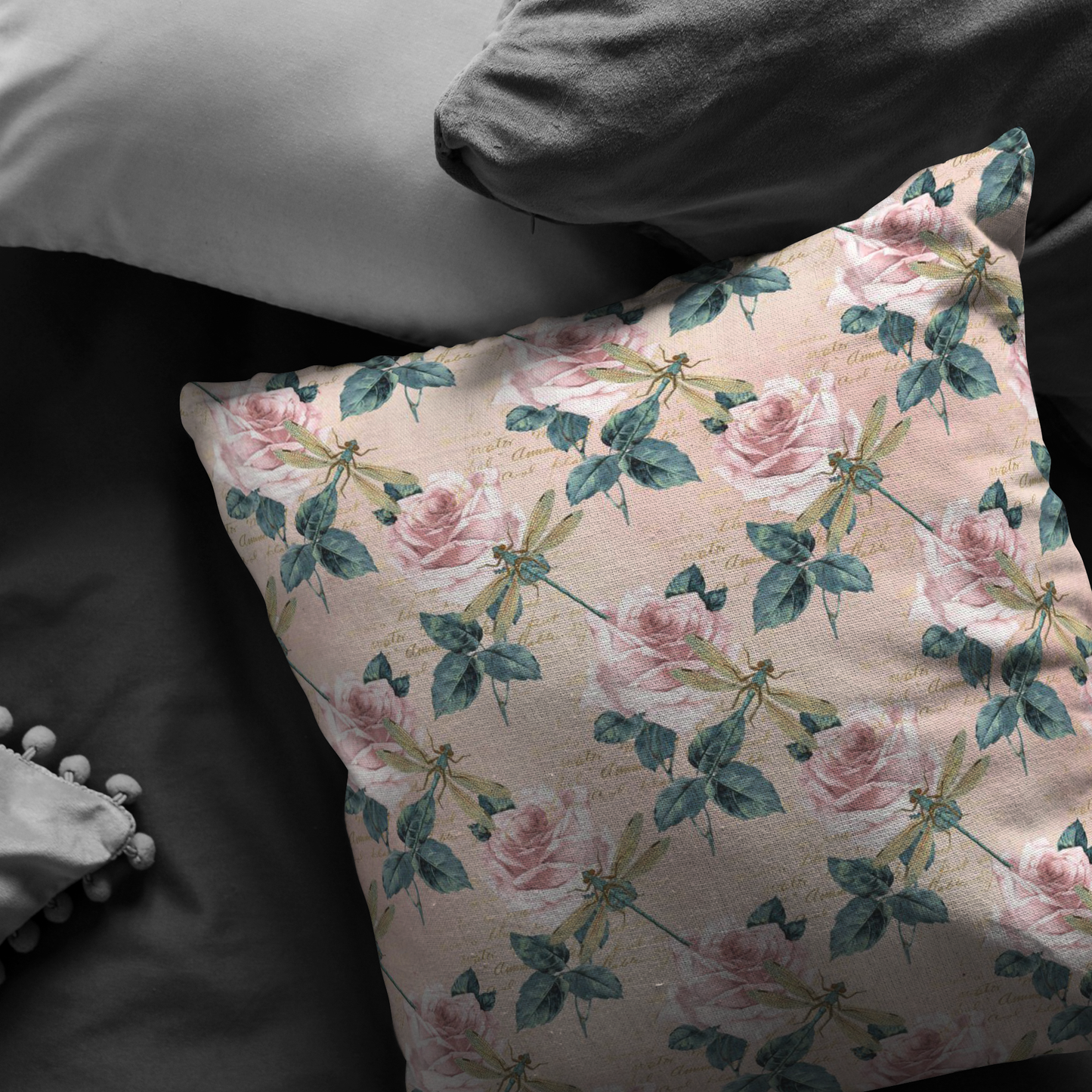 Dragonflies and Roses Pink Green Pillow or Pillow Cover | Spring Home Decor | Easter Decorations