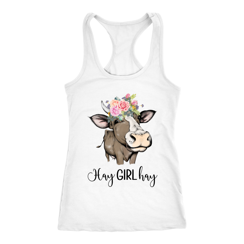 Hay Girl Hay Cow Tank Top | Funny Racerback Tanks for Women | Country Girl Cow Lover Gift Boho Floral Cow Birthday Present Mothers Day Ideas