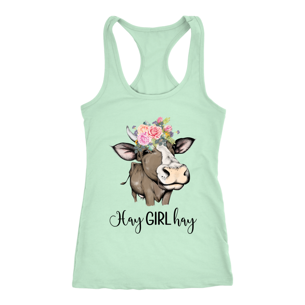 Hay Girl Hay Cow Tank Top | Funny Racerback Tanks for Women | Country Girl Cow Lover Gift Boho Floral Cow Birthday Present Mothers Day Ideas