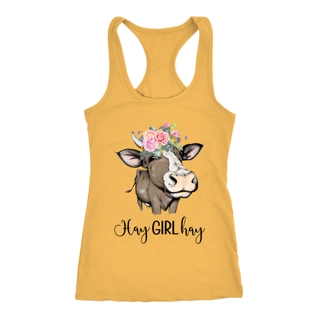 Hay Girl Hay Cow Tank Top | Funny Racerback Tanks for Women | Country Girl Cow Lover Gift Boho Floral Cow Birthday Present Mothers Day Ideas