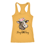 Hay Girl Hay Cow Tank Top | Funny Racerback Tanks for Women | Country Girl Cow Lover Gift Boho Floral Cow Birthday Present Mothers Day Ideas