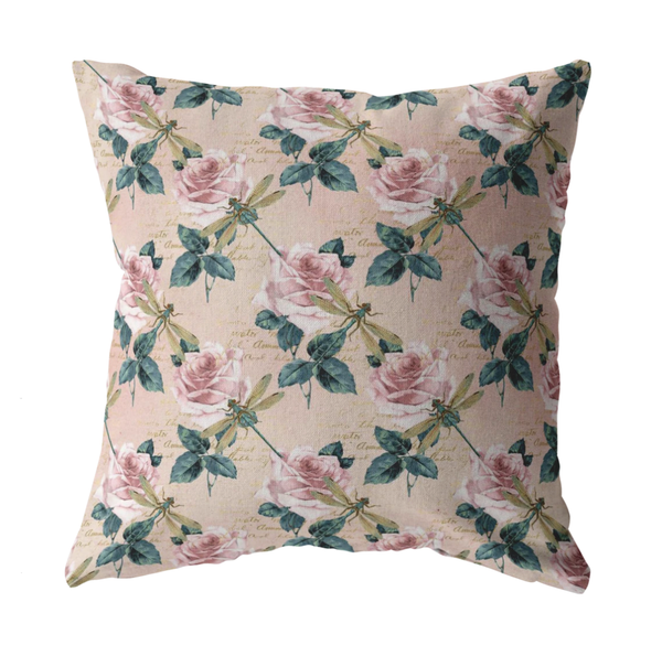 Dragonflies and Roses Pink Green Pillow or Pillow Cover | Spring Home Decor | Easter Decorations
