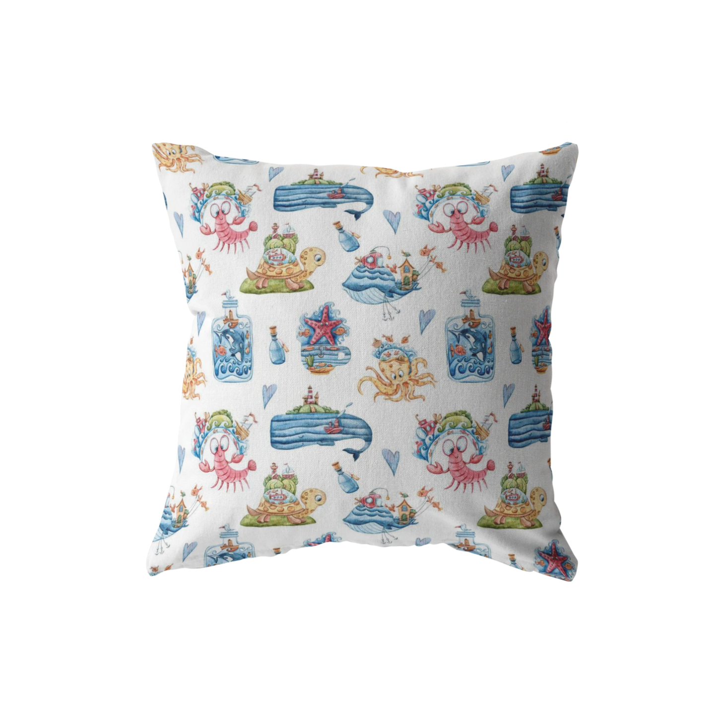 Nautical Theme Pillow or Zip Cover | Cute Whale Crab Starfish Octopus Turtle Blue Pink White Yellow Green for Nursery Bedroom