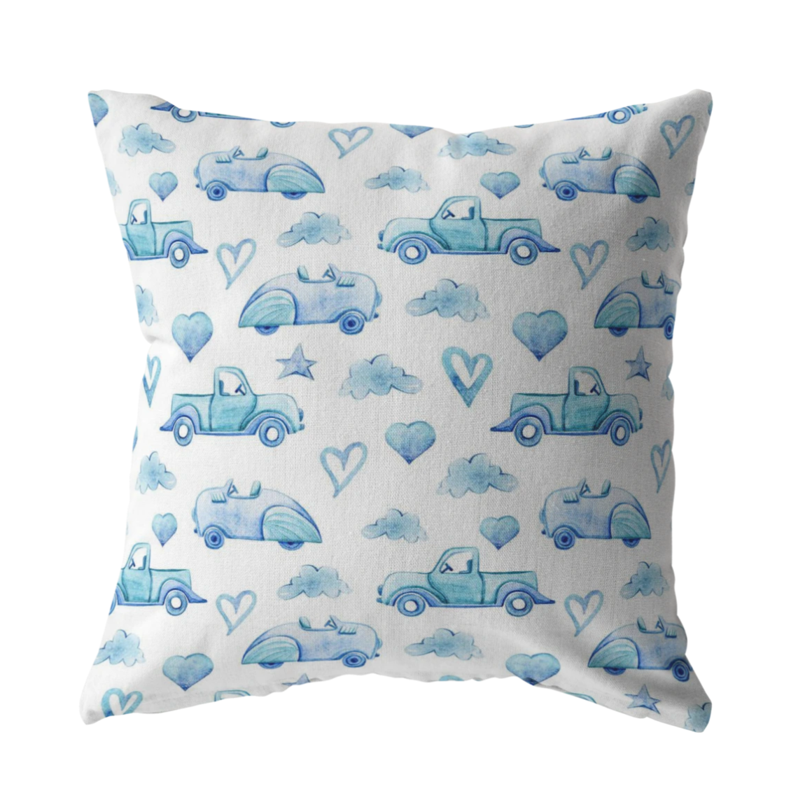 Blue and White Trucks Cars Hearts Stars & Clouds Pillow Cover for Baby Nursery Kids Teen Boy Bedroom
