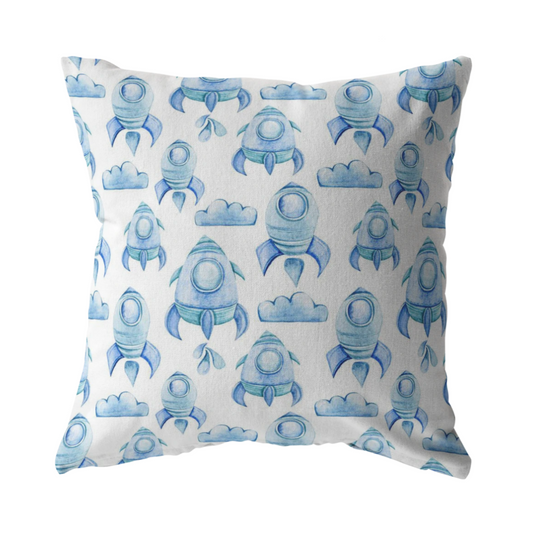 Blue Rocket Ship Pillow Cover | Baby Nursery or Kids Boys Room Decor