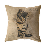 Cat Pillow | Rustic Renaissance Sketch Drawing Antique Style Throw Pillow or Zip Cover | Earth Tone Beige Brown Living Room Decor