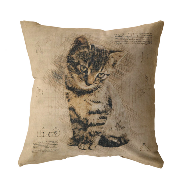 Cat Pillow | Rustic Renaissance Sketch Drawing Antique Style Throw Pillow or Zip Cover | Earth Tone Beige Brown Living Room Decor