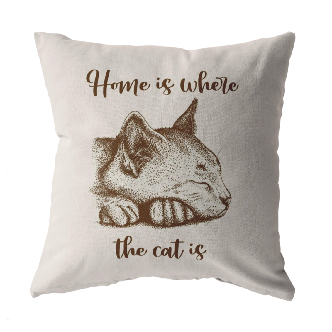 Home Is Where the Cat Is Pillow Cover | Birthday or Mothers Day Idea Gift for Cat Lover | Beige Brown Tan Home Decor for Couch or Bed