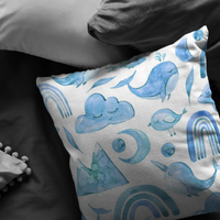 Blue Boho Dreams Pillow Cover Narwhal Bird Moon Cloud Whale Rainbow Mountain