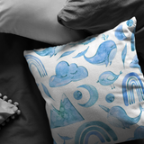 Blue Boho Dreams Pillow Cover Narwhal Bird Moon Cloud Whale Rainbow Mountain