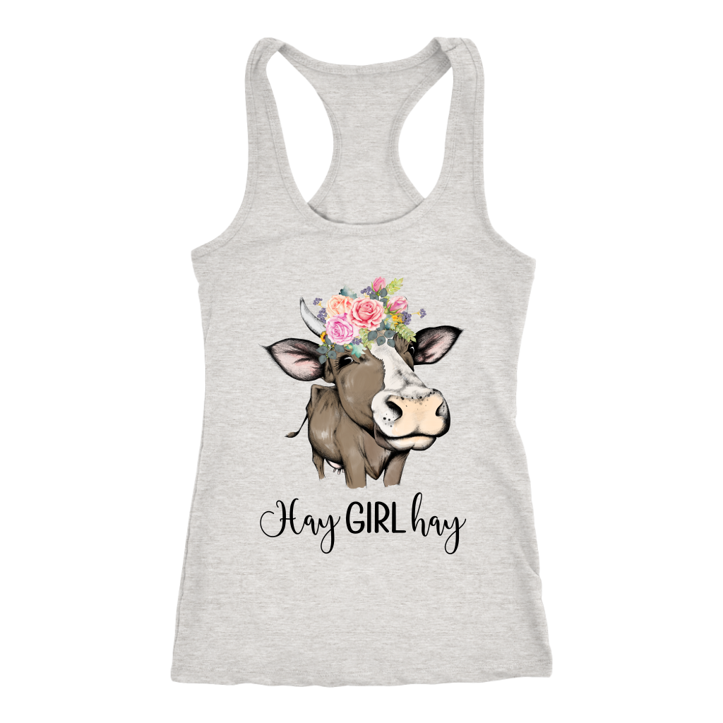 Hay Girl Hay Cow Tank Top | Funny Racerback Tanks for Women | Country Girl Cow Lover Gift Boho Floral Cow Birthday Present Mothers Day Ideas