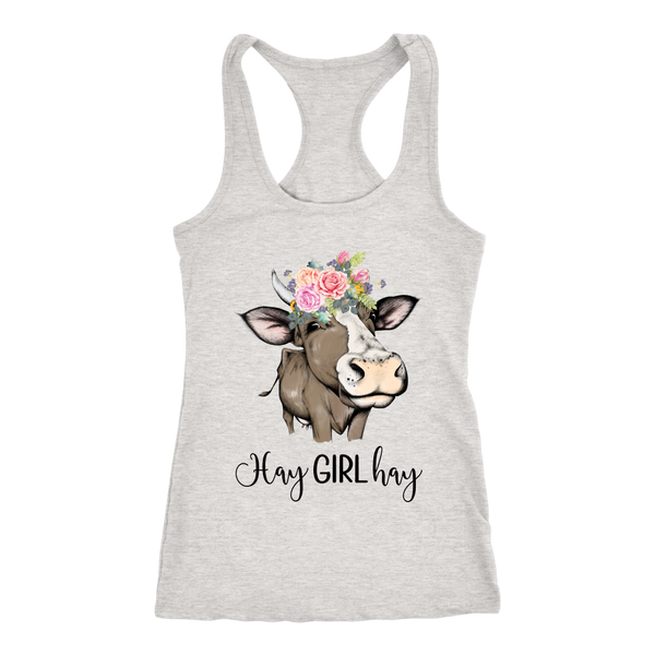 Hay Girl Hay Cow Tank Top | Funny Racerback Tanks for Women | Country Girl Cow Lover Gift Boho Floral Cow Birthday Present Mothers Day Ideas