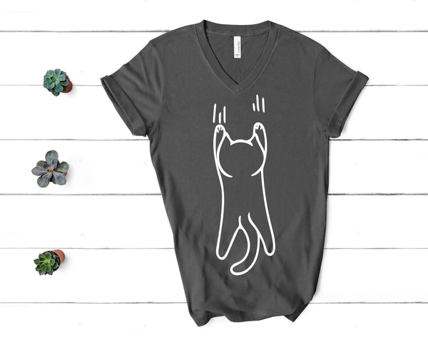 Cat Hanging from Shirt V-Neck Design for Men and Women