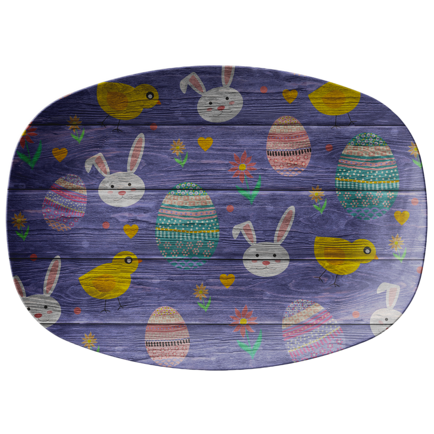 Rustic Wood Style Purple Easter Bunny Eggs Chicks Serving Platter Appetizer Tray
