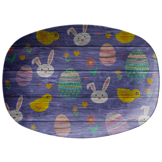 Rustic Wood Style Purple Easter Bunny Eggs Chicks Serving Platter Appetizer Tray