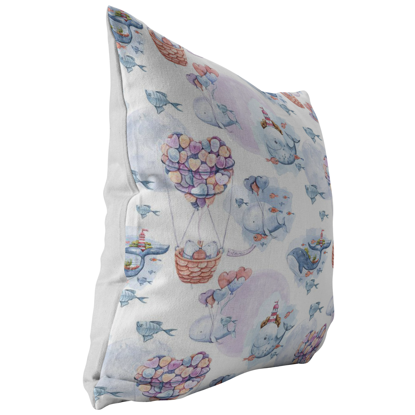 Nautical Pillow Cover | Pink and Blue Whales and Bears in Heart Air Balloon for Nursery or Kids