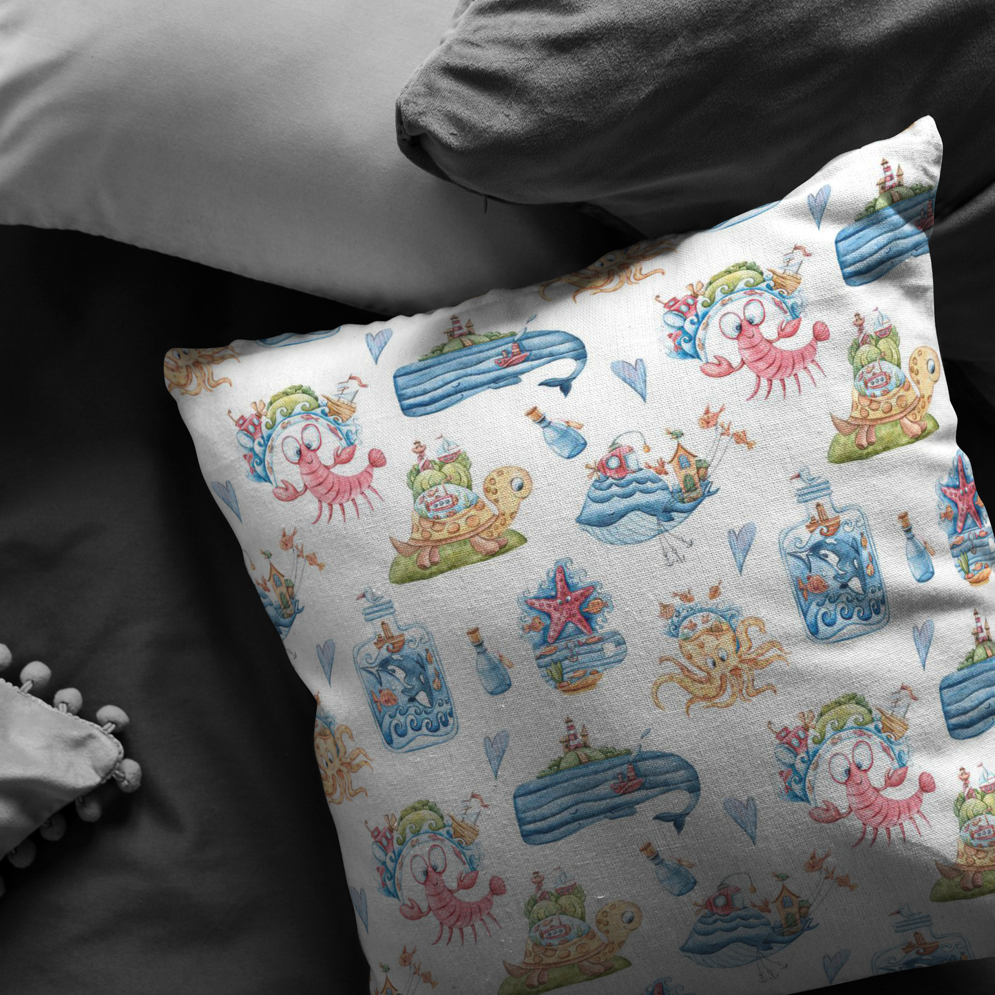 Nautical Theme Pillow or Zip Cover | Cute Whale Crab Starfish Octopus Turtle Blue Pink White Yellow Green for Nursery Bedroom