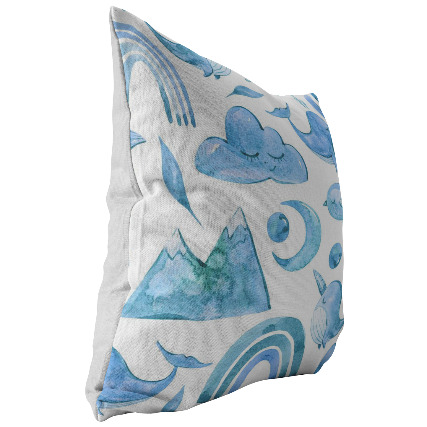 Blue Boho Dreams Pillow Cover Narwhal Bird Moon Cloud Whale Rainbow Mountain
