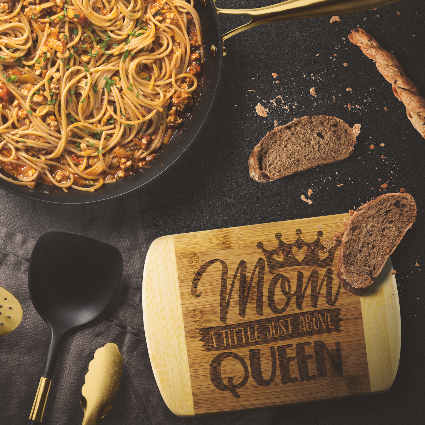 Mom a Title Just Above Queen Organic Bamboo Cutting Board